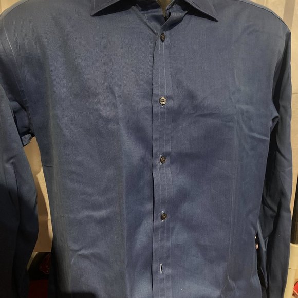 Thomas Pink Mens Long Sleeve Button Down Shirt 16/34 Blue Herringbone Twill - Picture 4 of 7